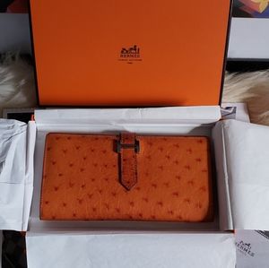 💯Hermès Ostrich Leather Bearn Long Wallet🧡